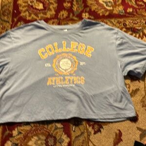 Blue college athletics cropped tshirt with yellow print size large